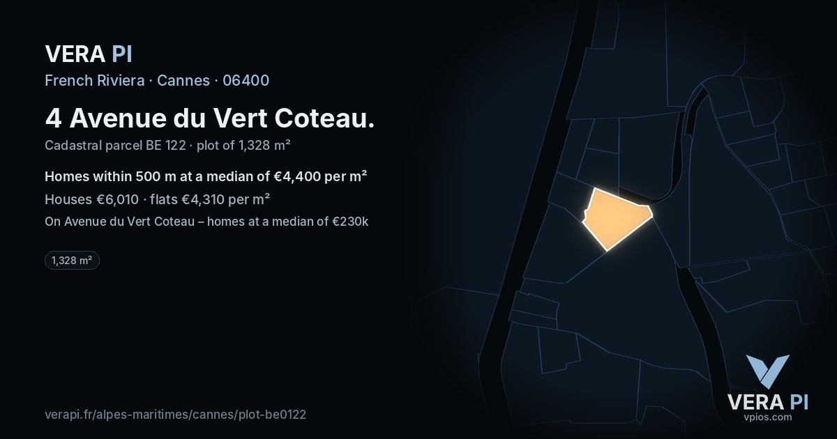 4 Avenue du Vert Coteau, Cannes at night – the plot lit, the parcels around coloured by the prices near them