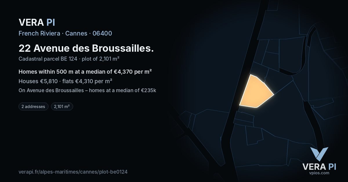 22 Avenue des Broussailles, Cannes at night – the plot lit, the parcels around coloured by the prices near them