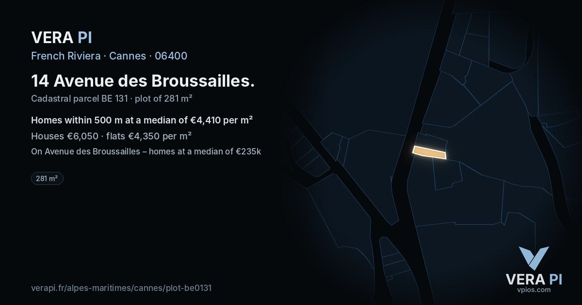 14 Avenue des Broussailles, Cannes at night – the plot lit, the parcels around coloured by the prices near them