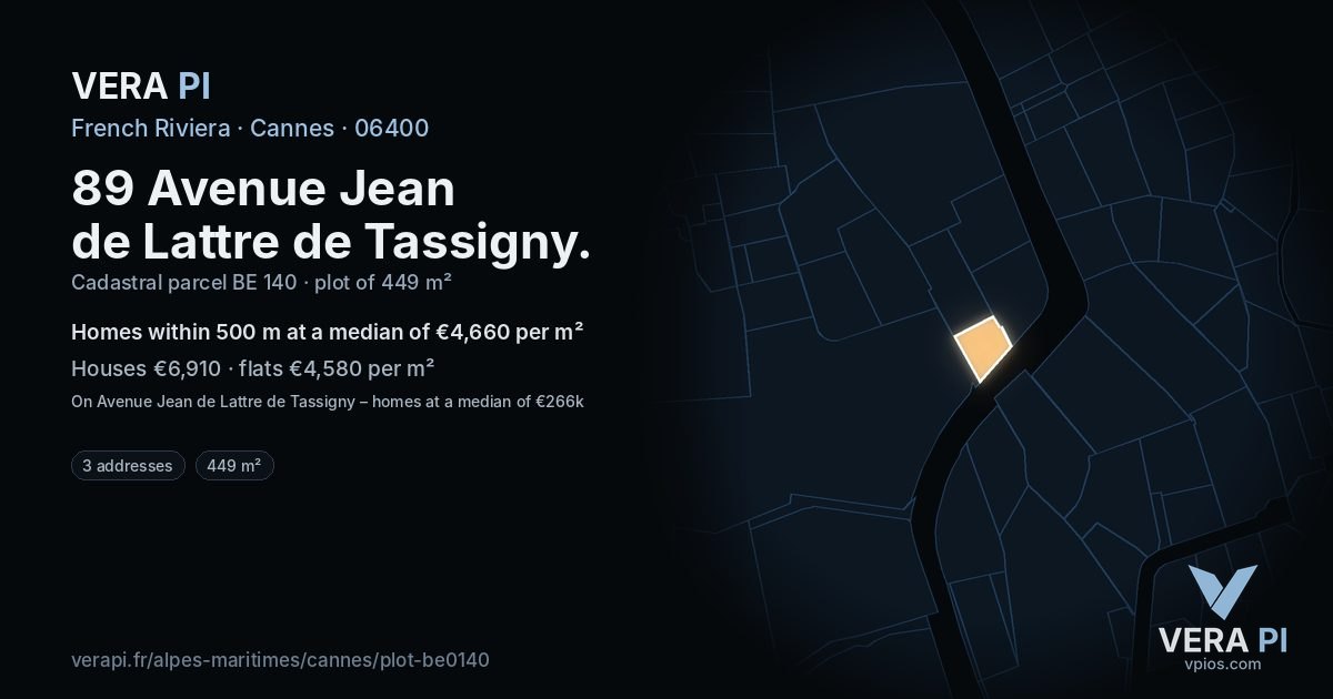 89 Avenue Jean de Lattre de Tassigny, Cannes at night – the plot lit, the parcels around coloured by the prices near them
