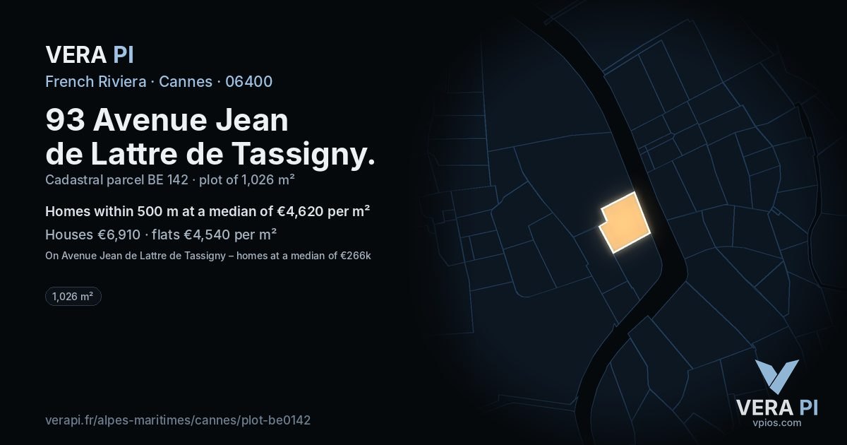 93 Avenue Jean de Lattre de Tassigny, Cannes at night – the plot lit, the parcels around coloured by the prices near them