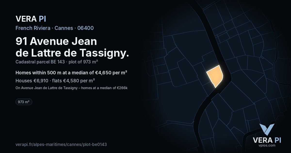 91 Avenue Jean de Lattre de Tassigny, Cannes at night – the plot lit, the parcels around coloured by the prices near them