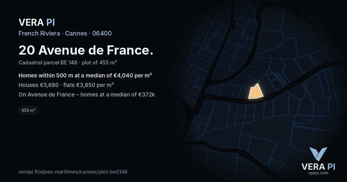 20 Avenue de France, Cannes at night – the plot lit, the parcels around coloured by the prices near them