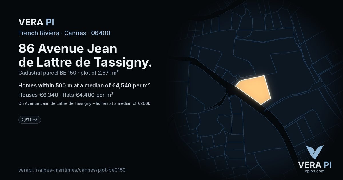 86 Avenue Jean de Lattre de Tassigny, Cannes at night – the plot lit, the parcels around coloured by the prices near them