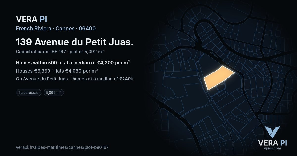 139 Avenue du Petit Juas, Cannes at night – the plot lit, the parcels around coloured by the prices near them