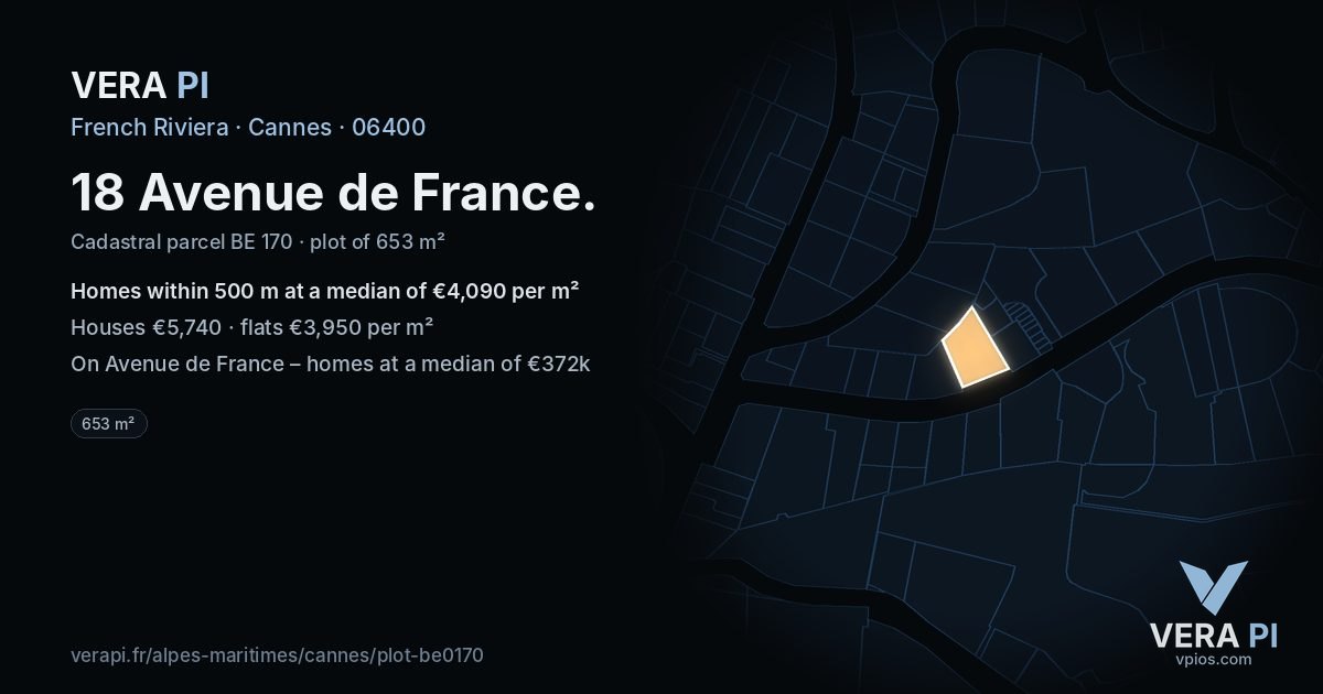 18 Avenue de France, Cannes at night – the plot lit, the parcels around coloured by the prices near them