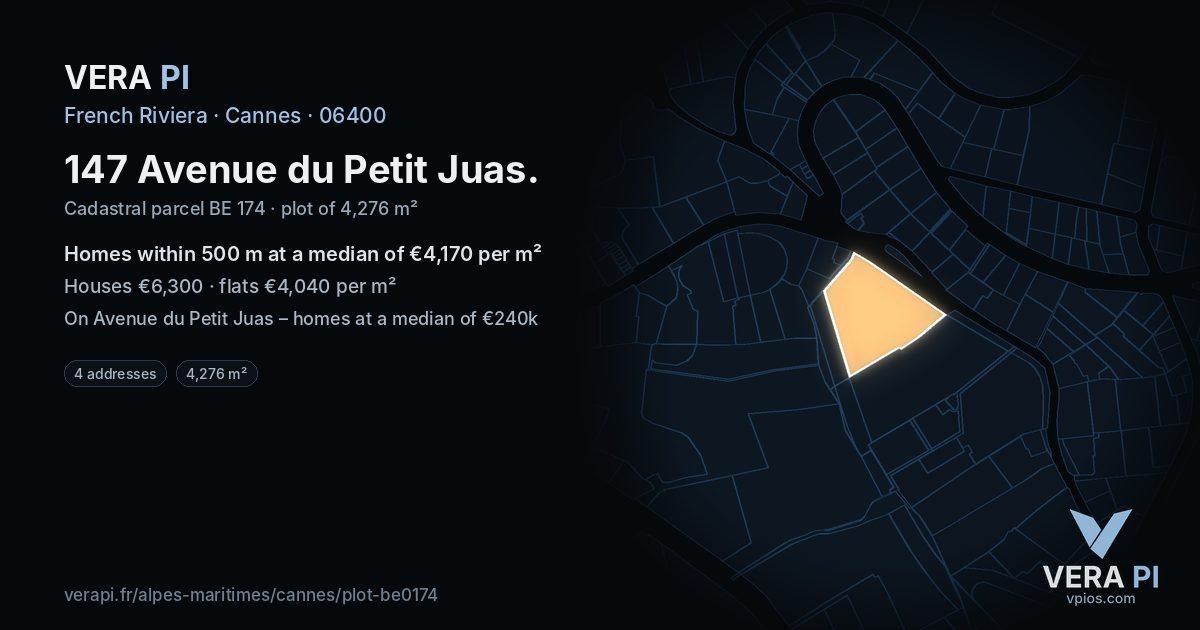 147 Avenue du Petit Juas, Cannes at night – the plot lit, the parcels around coloured by the prices near them
