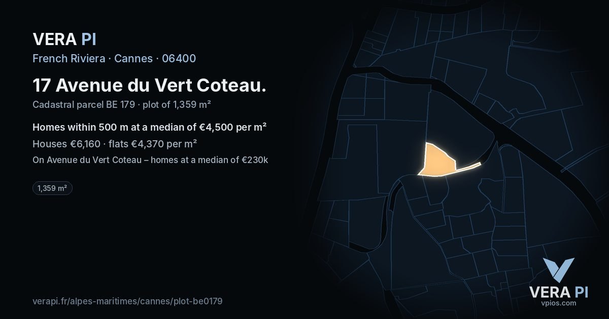 17 Avenue du Vert Coteau, Cannes at night – the plot lit, the parcels around coloured by the prices near them