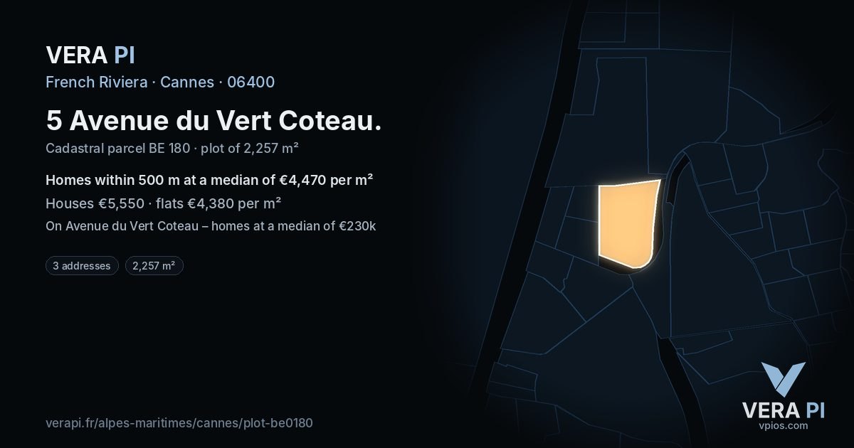5 Avenue du Vert Coteau, Cannes at night – the plot lit, the parcels around coloured by the prices near them