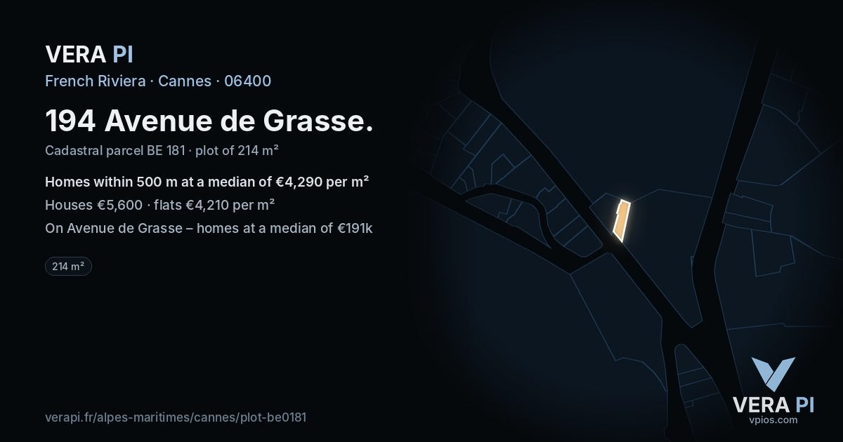 194 Avenue de Grasse, Cannes at night – the plot lit, the parcels around coloured by the prices near them