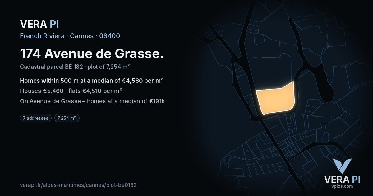 174 Avenue de Grasse, Cannes at night – the plot lit, the parcels around coloured by the prices near them