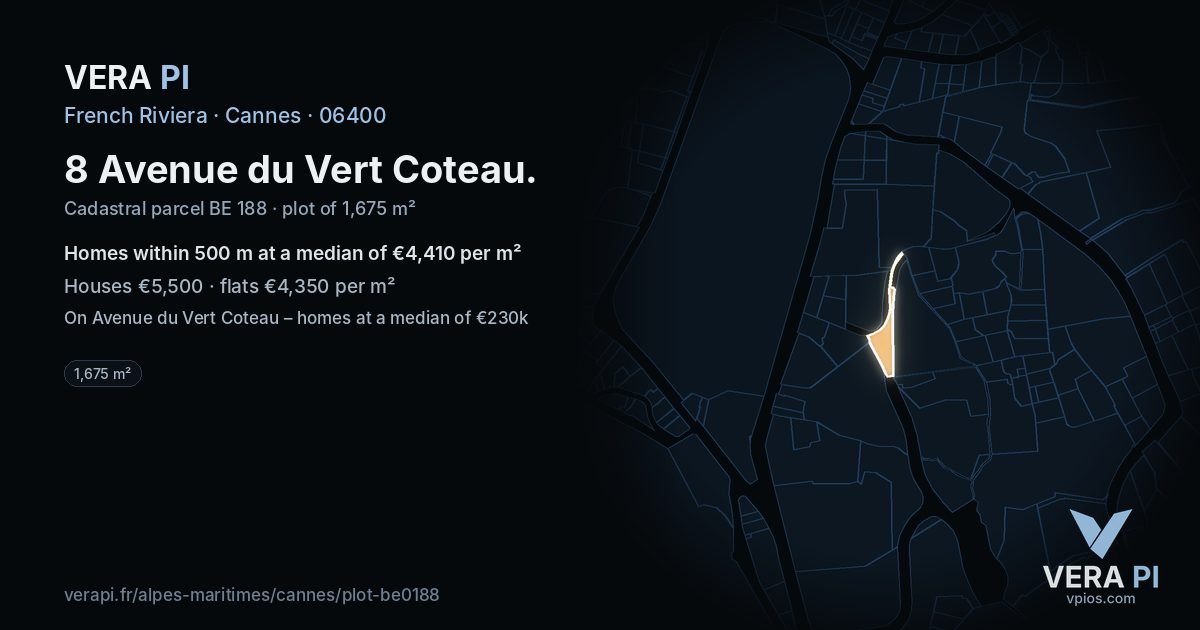 8 Avenue du Vert Coteau, Cannes at night – the plot lit, the parcels around coloured by the prices near them