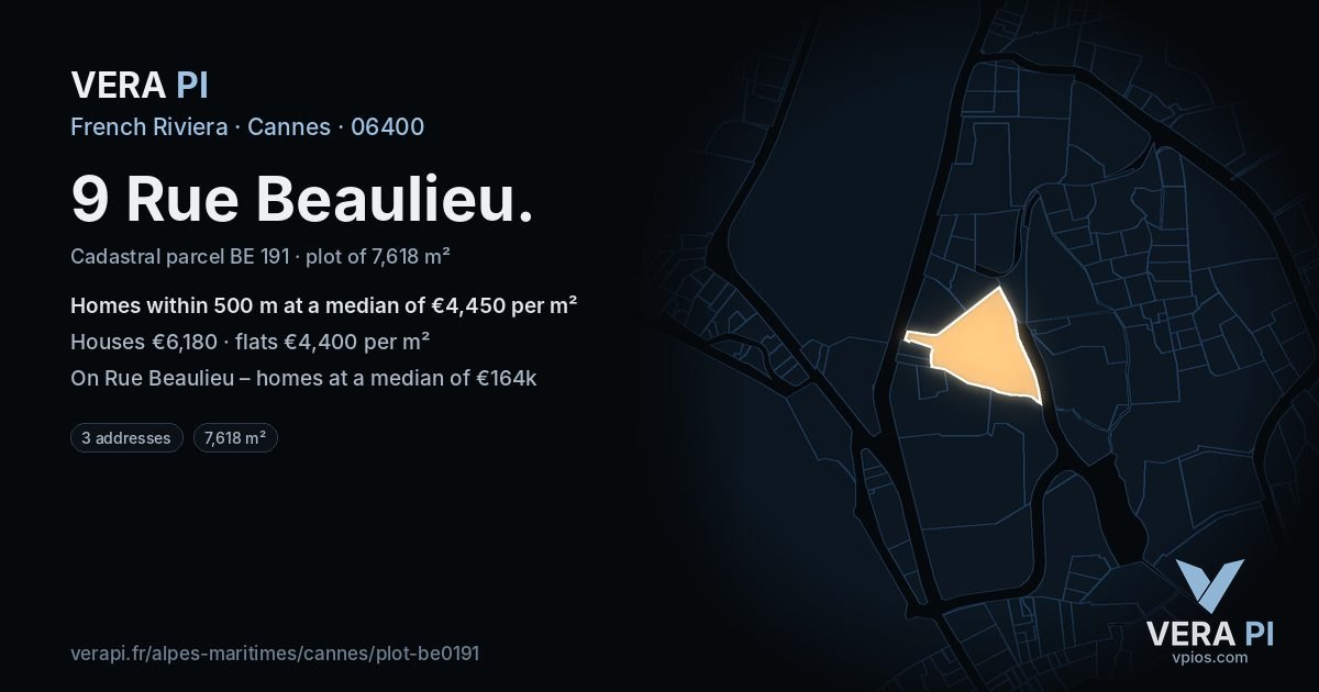 9 Rue Beaulieu, Cannes at night – the plot lit, the parcels around coloured by the prices near them