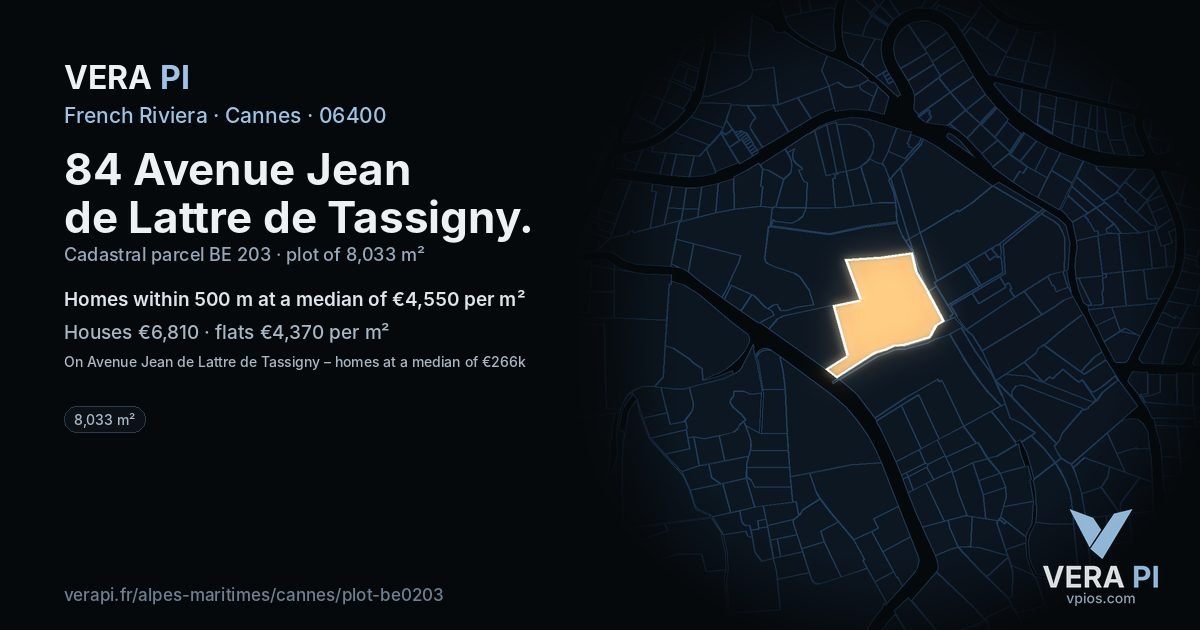 84 Avenue Jean de Lattre de Tassigny, Cannes at night – the plot lit, the parcels around coloured by the prices near them