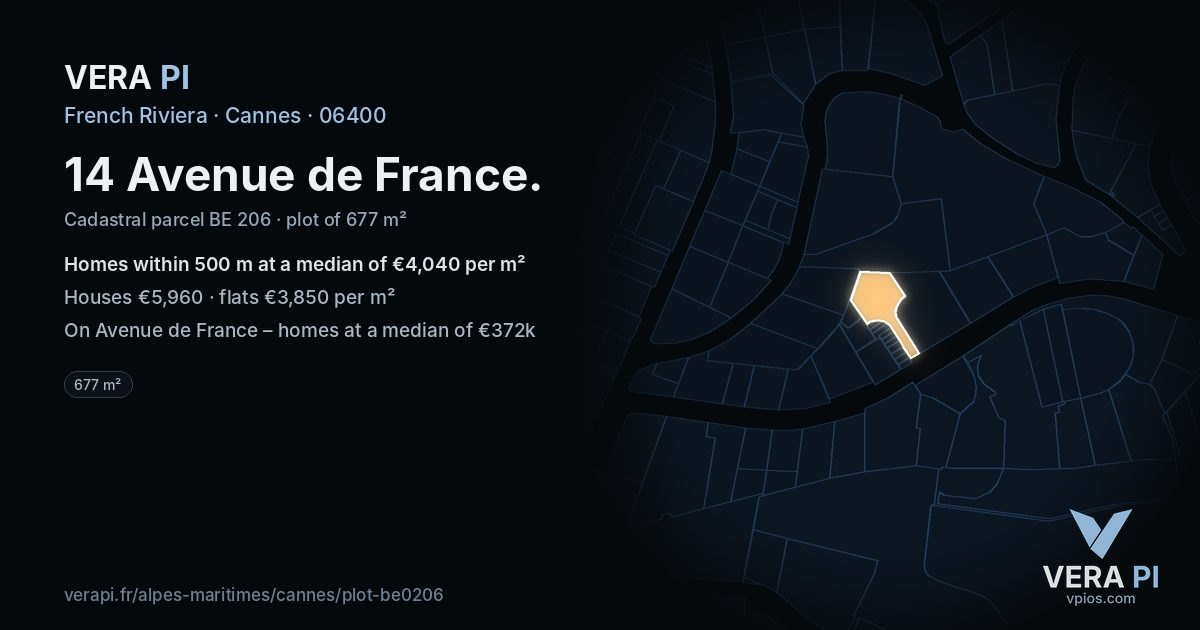 14 Avenue de France, Cannes at night – the plot lit, the parcels around coloured by the prices near them