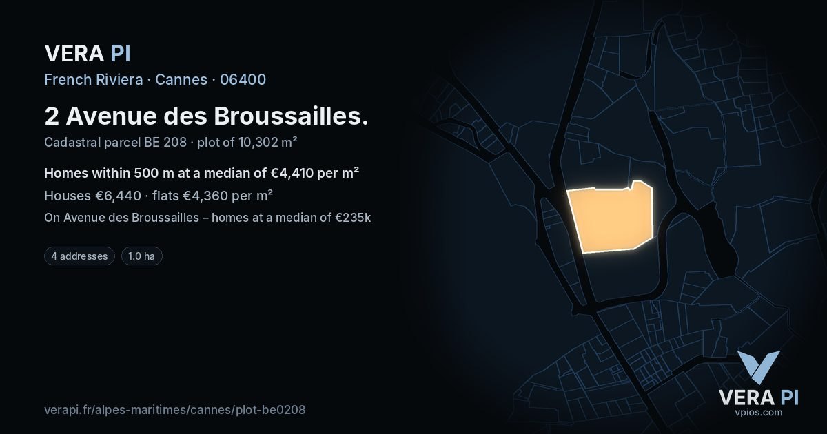 2 Avenue des Broussailles, Cannes at night – the plot lit, the parcels around coloured by the prices near them
