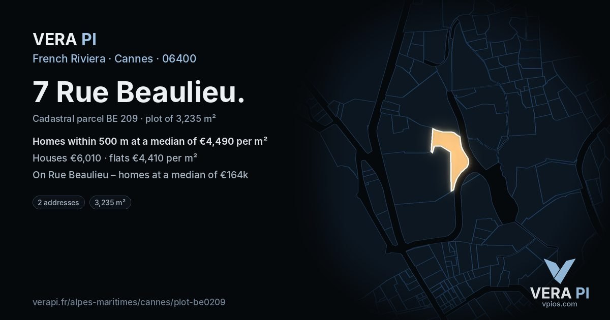 7 Rue Beaulieu, Cannes at night – the plot lit, the parcels around coloured by the prices near them