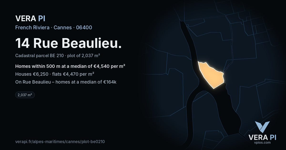 14 Rue Beaulieu, Cannes at night – the plot lit, the parcels around coloured by the prices near them
