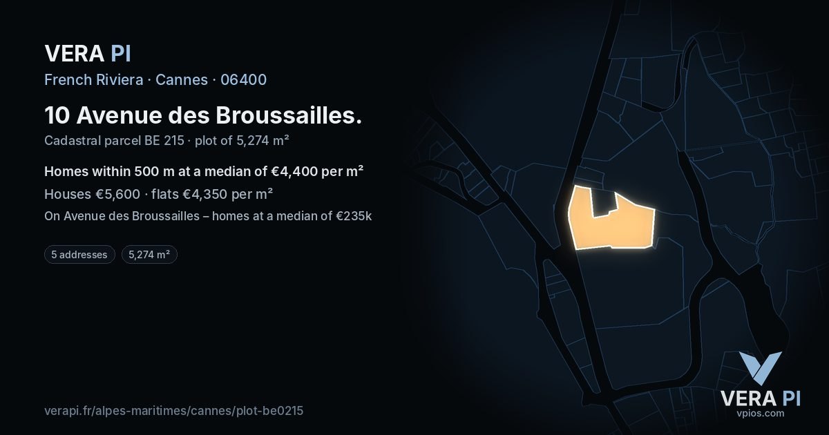 10 Avenue des Broussailles, Cannes at night – the plot lit, the parcels around coloured by the prices near them