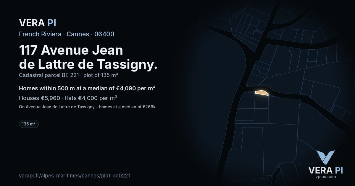 117 Avenue Jean de Lattre de Tassigny, Cannes at night – the plot lit, the parcels around coloured by the prices near them