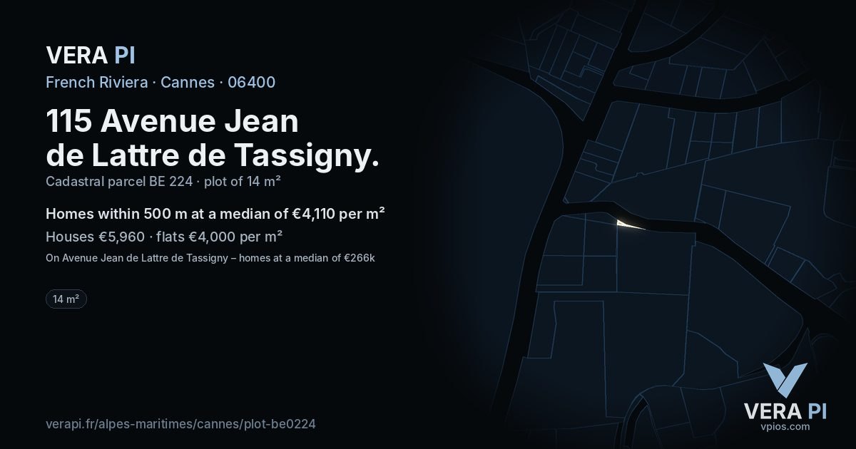115 Avenue Jean de Lattre de Tassigny, Cannes at night – the plot lit, the parcels around coloured by the prices near them
