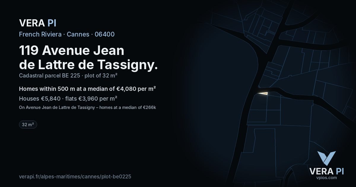 119 Avenue Jean de Lattre de Tassigny, Cannes at night – the plot lit, the parcels around coloured by the prices near them