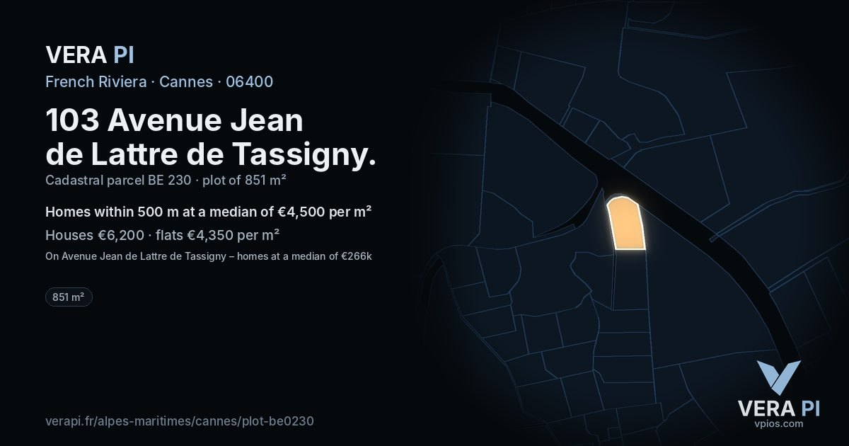 103 Avenue Jean de Lattre de Tassigny, Cannes at night – the plot lit, the parcels around coloured by the prices near them