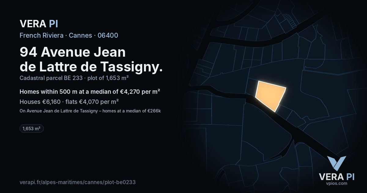 94 Avenue Jean de Lattre de Tassigny, Cannes at night – the plot lit, the parcels around coloured by the prices near them