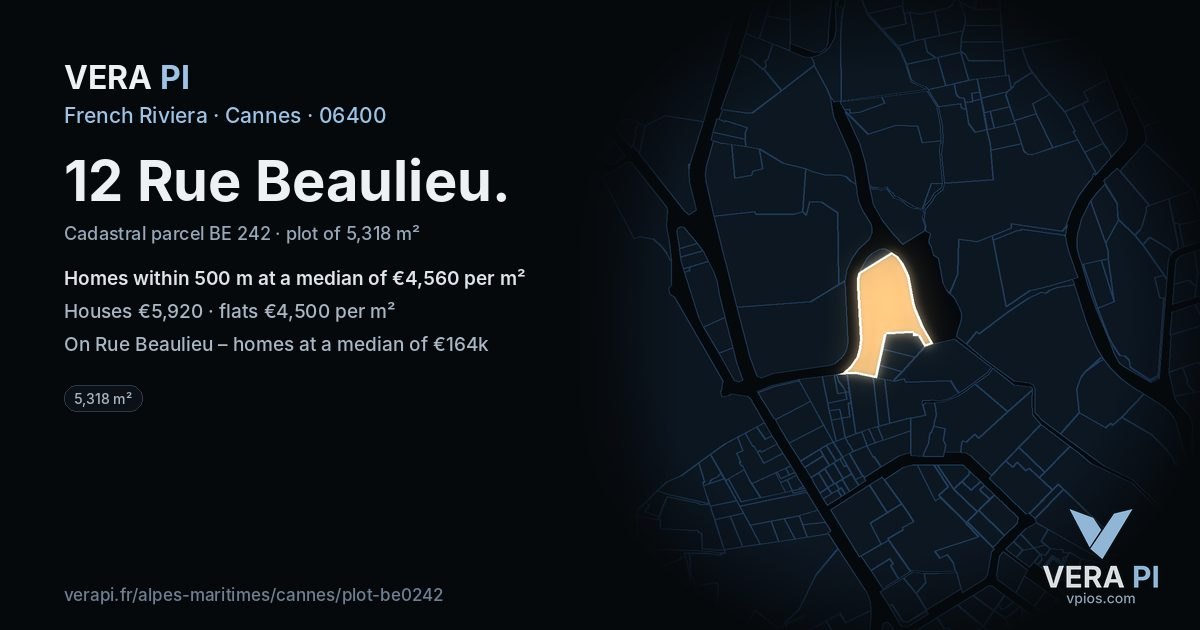 12 Rue Beaulieu, Cannes at night – the plot lit, the parcels around coloured by the prices near them