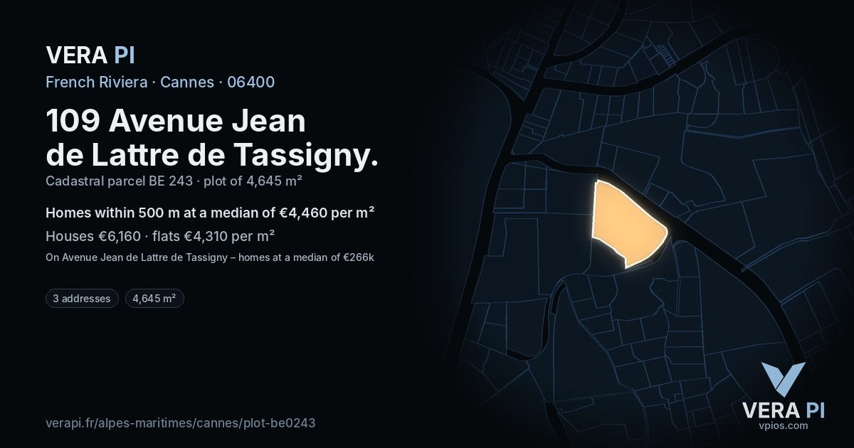 109 Avenue Jean de Lattre de Tassigny, Cannes at night – the plot lit, the parcels around coloured by the prices near them