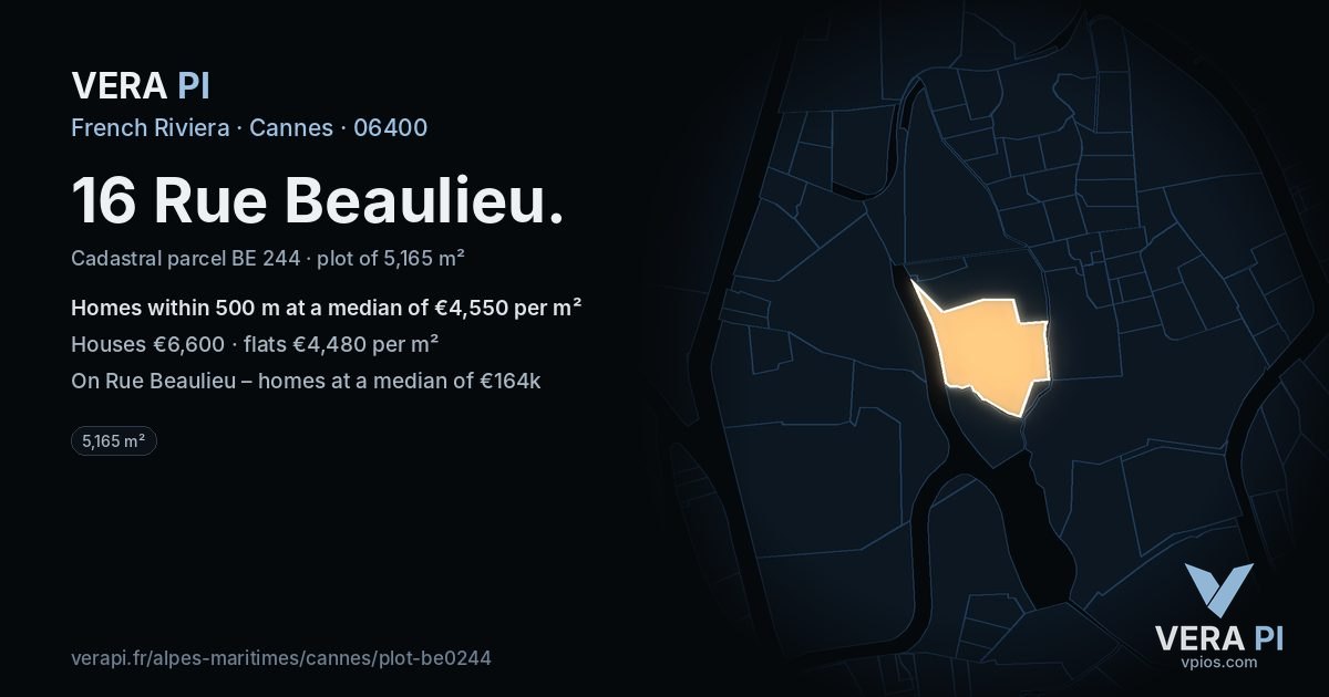 16 Rue Beaulieu, Cannes at night – the plot lit, the parcels around coloured by the prices near them