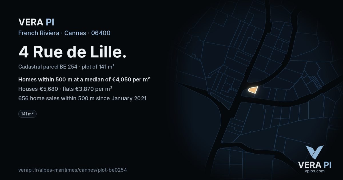 4 Rue de Lille, Cannes at night – the plot lit, the parcels around coloured by the prices near them