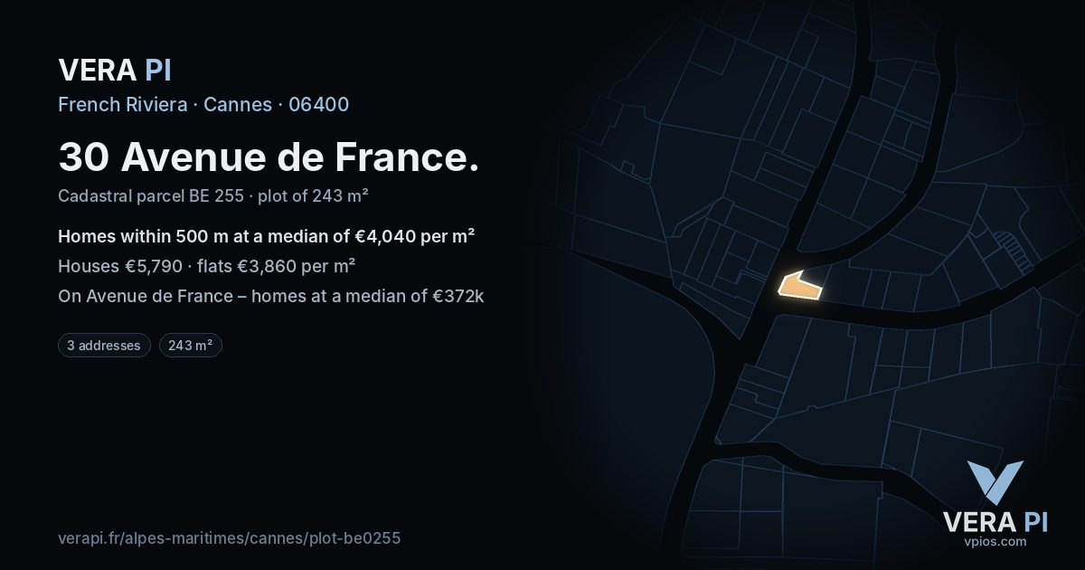 30 Avenue de France, Cannes at night – the plot lit, the parcels around coloured by the prices near them