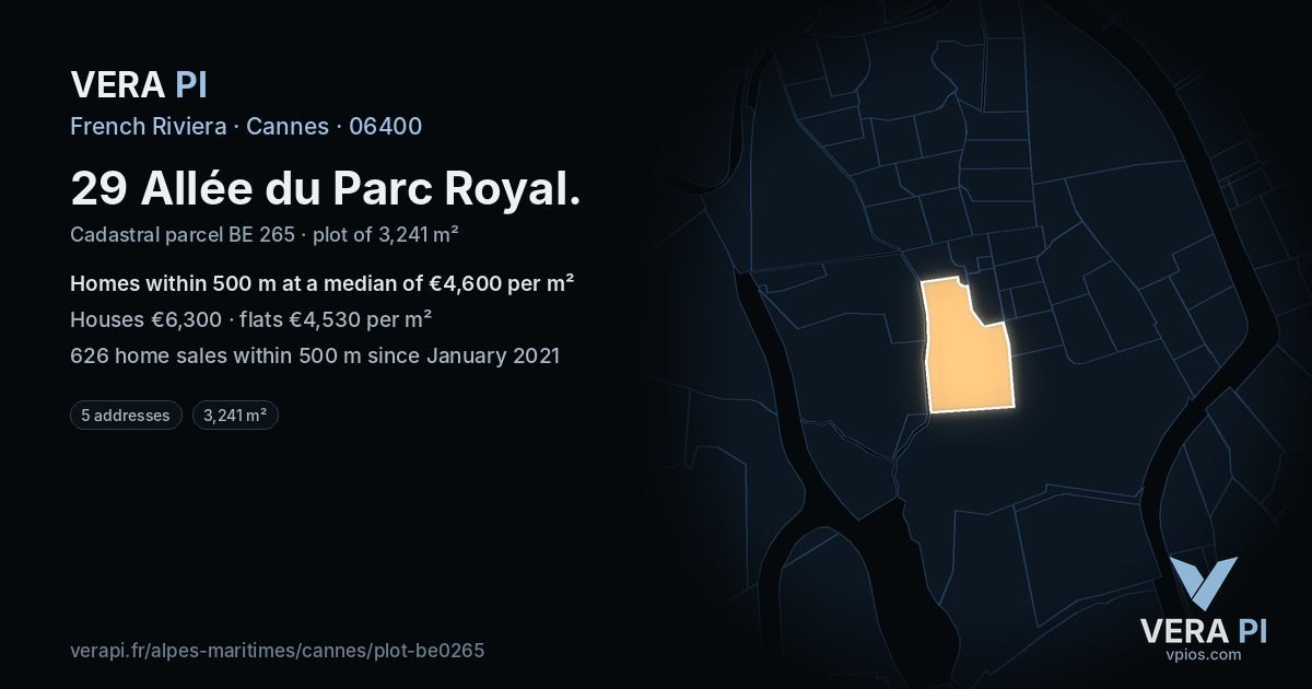 29 Allée du Parc Royal, Cannes at night – the plot lit, the parcels around coloured by the prices near them