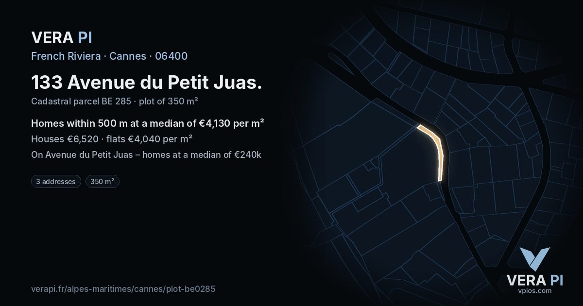 133 Avenue du Petit Juas, Cannes at night – the plot lit, the parcels around coloured by the prices near them