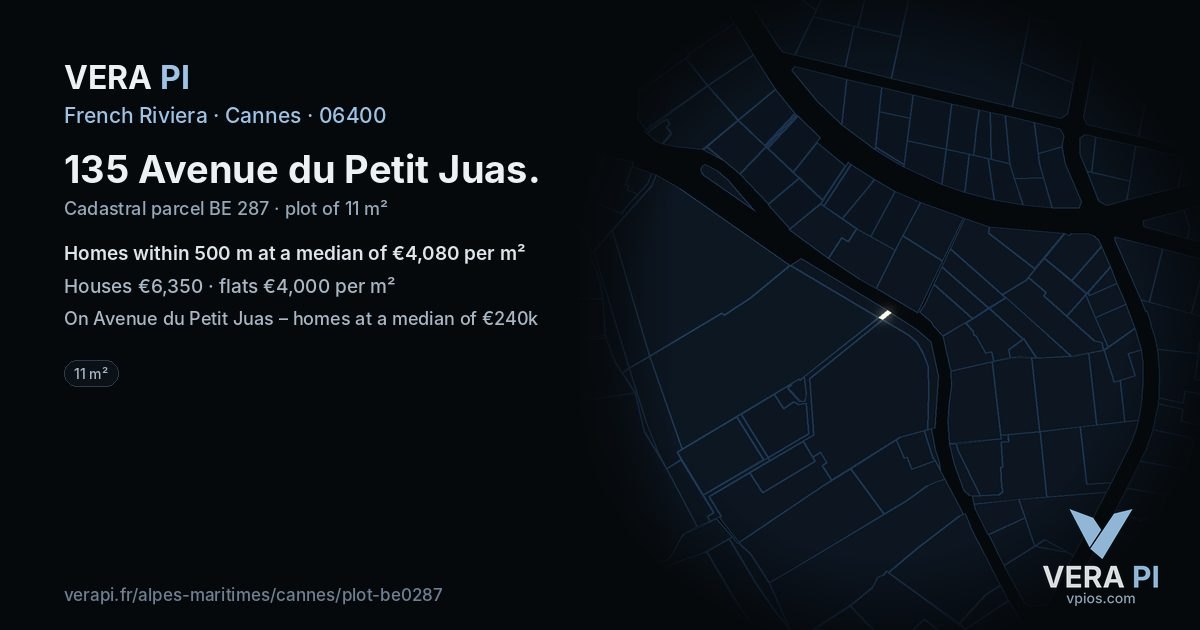 135 Avenue du Petit Juas, Cannes at night – the plot lit, the parcels around coloured by the prices near them