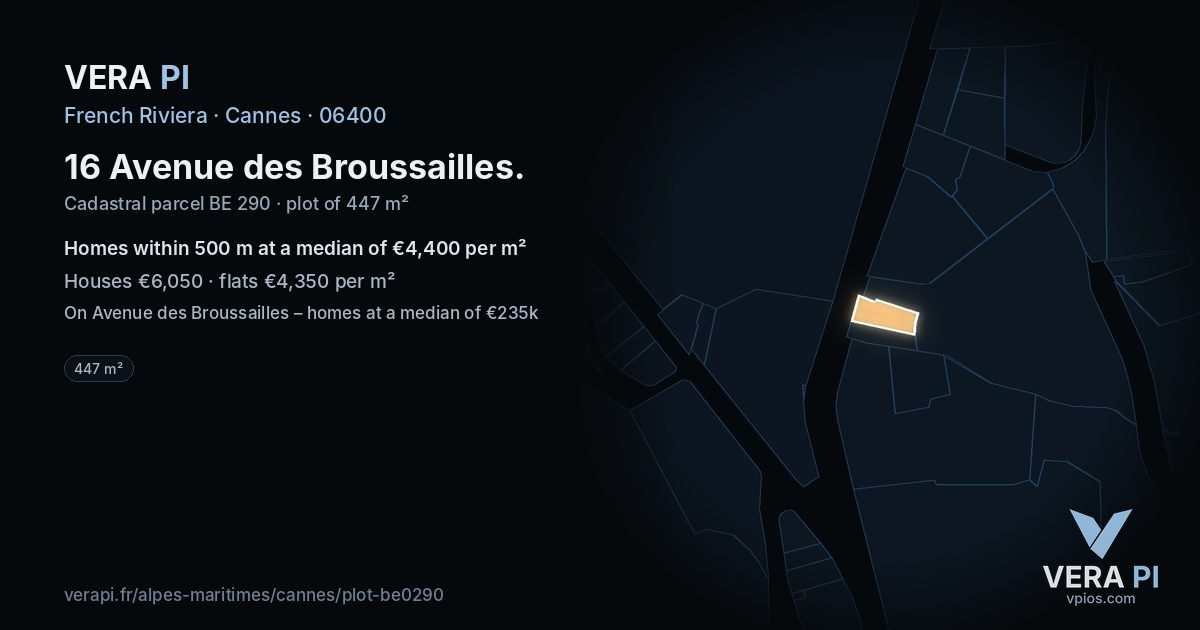 16 Avenue des Broussailles, Cannes at night – the plot lit, the parcels around coloured by the prices near them