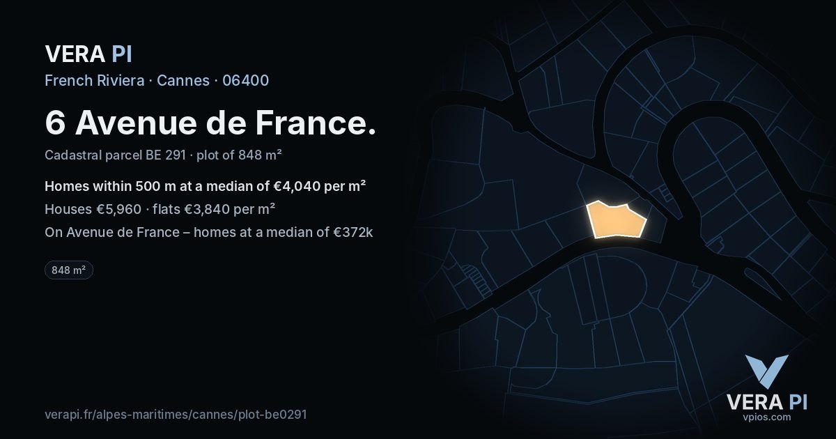 6 Avenue de France, Cannes at night – the plot lit, the parcels around coloured by the prices near them