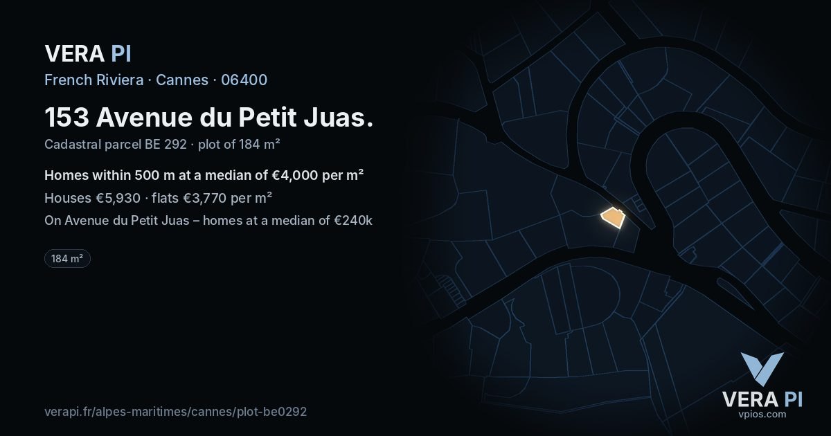 153 Avenue du Petit Juas, Cannes at night – the plot lit, the parcels around coloured by the prices near them