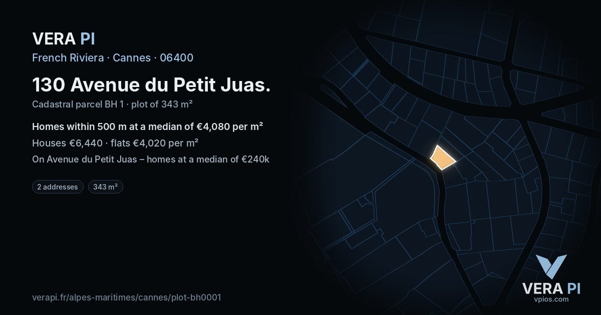 130 Avenue du Petit Juas, Cannes at night – the plot lit, the parcels around coloured by the prices near them