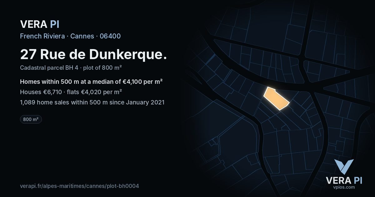 27 Rue de Dunkerque, Cannes at night – the plot lit, the parcels around coloured by the prices near them