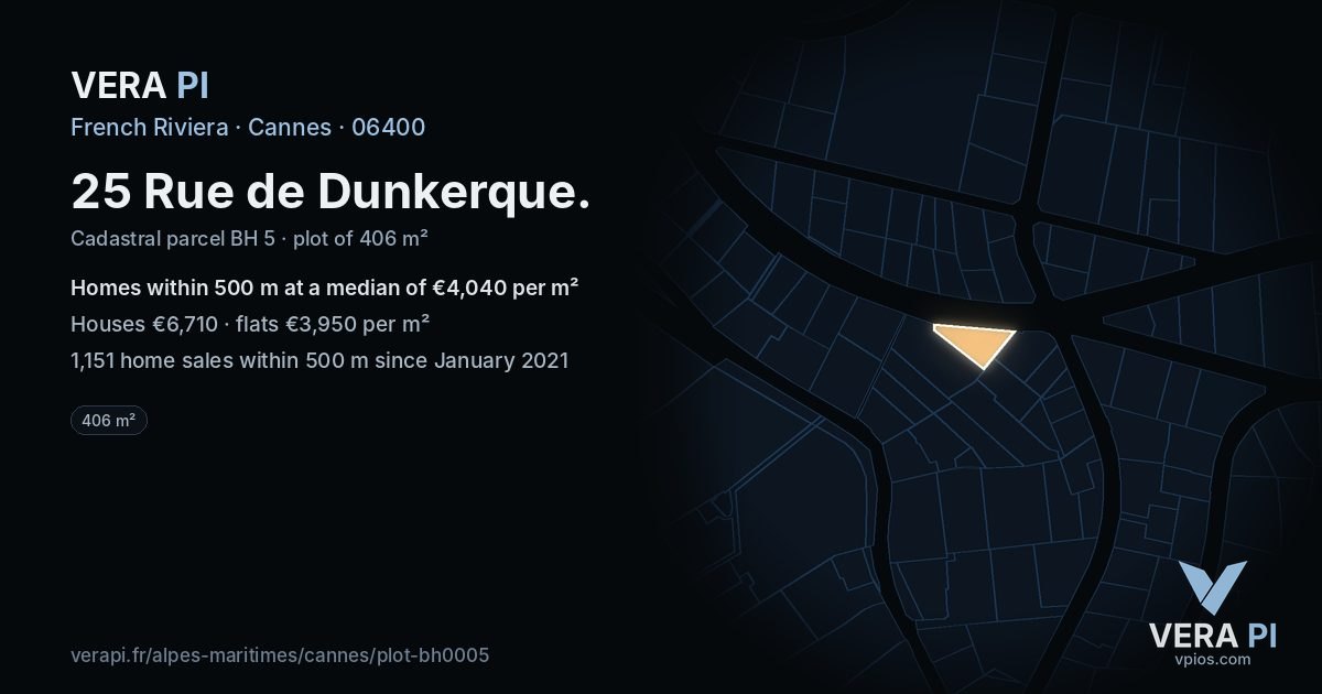 25 Rue de Dunkerque, Cannes at night – the plot lit, the parcels around coloured by the prices near them