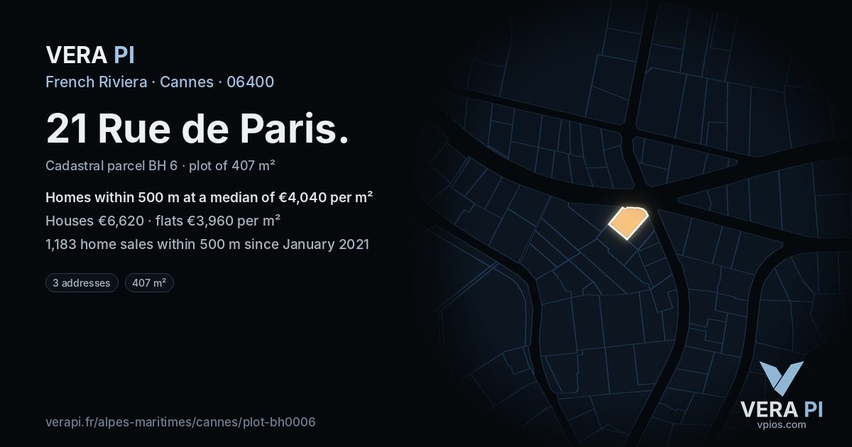 21 Rue de Paris, Cannes at night – the plot lit, the parcels around coloured by the prices near them