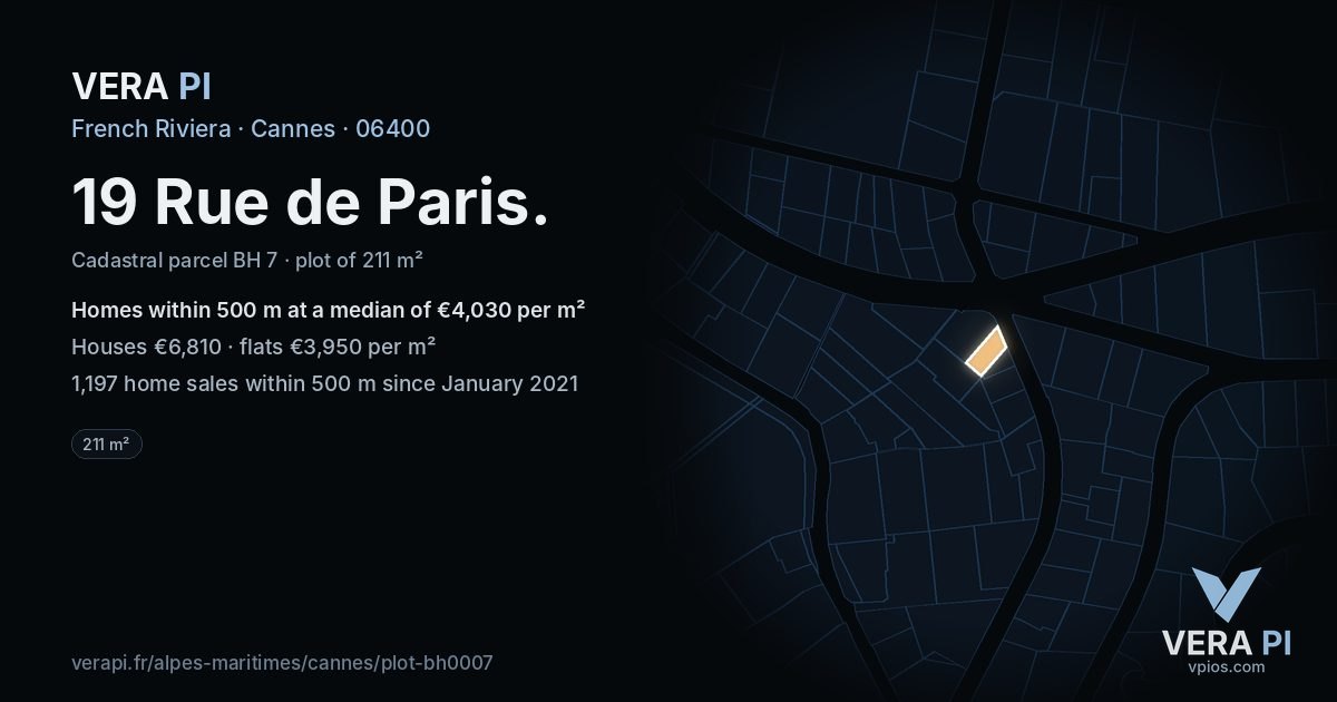 19 Rue de Paris, Cannes at night – the plot lit, the parcels around coloured by the prices near them