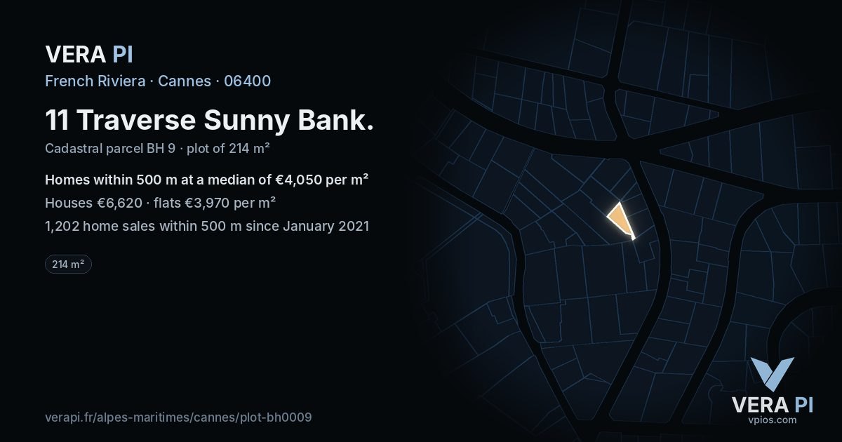 11 Traverse Sunny Bank, Cannes at night – the plot lit, the parcels around coloured by the prices near them