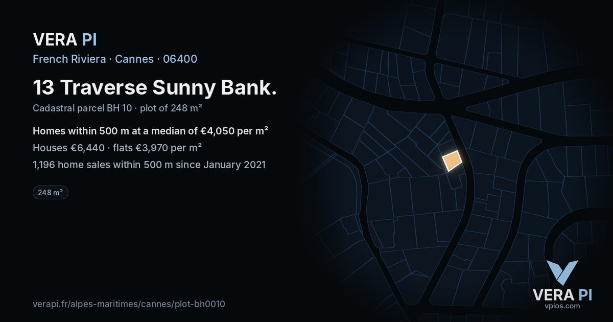 13 Traverse Sunny Bank, Cannes at night – the plot lit, the parcels around coloured by the prices near them