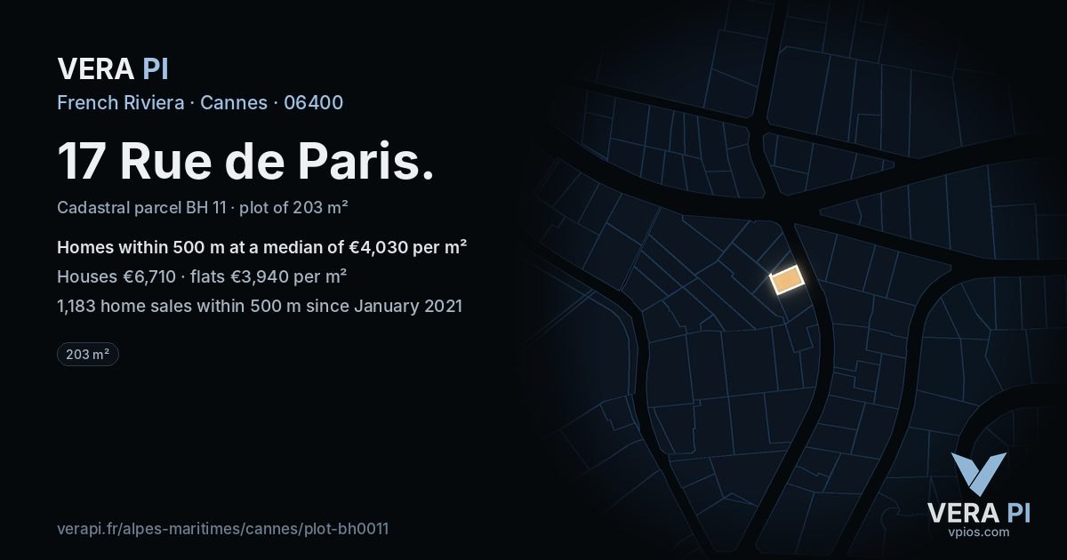 17 Rue de Paris, Cannes at night – the plot lit, the parcels around coloured by the prices near them