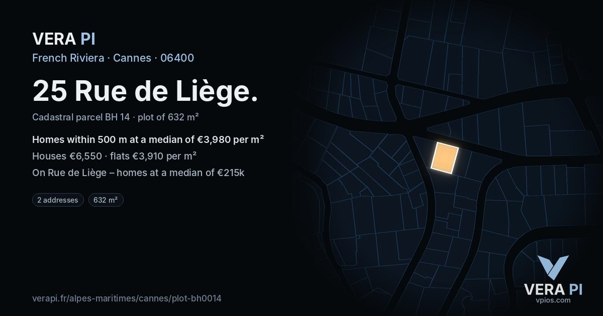 25 Rue de Liège, Cannes at night – the plot lit, the parcels around coloured by the prices near them