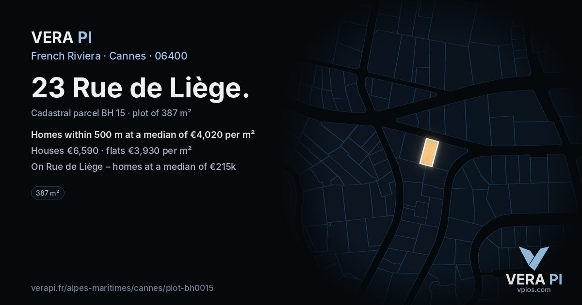 23 Rue de Liège, Cannes at night – the plot lit, the parcels around coloured by the prices near them