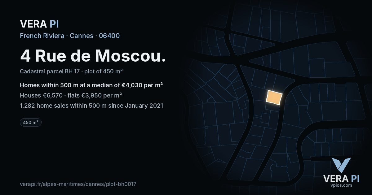4 Rue de Moscou, Cannes at night – the plot lit, the parcels around coloured by the prices near them